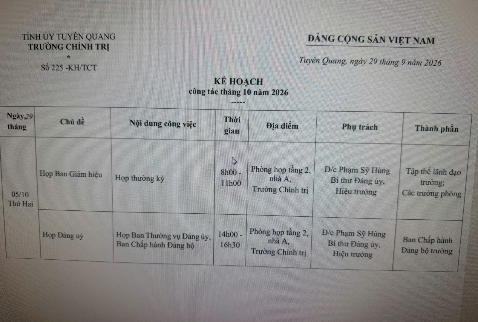 Kế hoạch công tác tháng 10